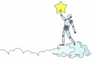 Continuous one line drawing robot reaching star on the sky. Business champion to get reward. Humanoid robot cybernetic organism. Future robotic development. Single line draw design vector illustration