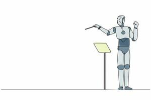 Single continuous line drawing expressive robot conductor directs music orchestra. Modern robotic artificial intelligence. Electronic technology industry. One line graphic design vector illustration