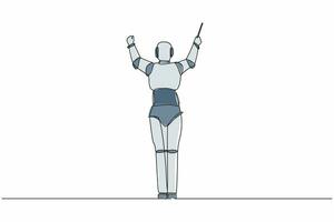 Continuous one line drawing back view of robot conductor performing on stage, directing symphony orchestra. Humanoid robot cybernetic organism. Single line draw design vector graphic illustration