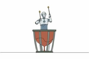 Single continuous line drawing robot percussion player holding stick and play timpani. Robotic artificial intelligence. Electronic technology industry. One line draw graphic design vector illustration