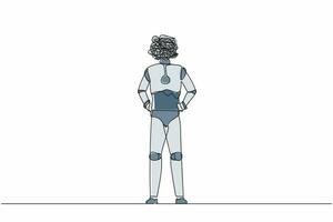 robot de dibujo de una sola línea continua con garabatos redondos en lugar de cabeza, de pie y sosteniendo la mano en la cadera. desarrollo tecnológico futuro. inteligencia artificial. ilustración vectorial de diseño de una línea vector