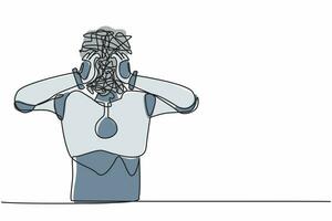 Continuous one line drawing robot with round scribbles instead of head. Confusion and mess feeling, stressed, problem. Humanoid robot cybernetic organism. Single line draw design vector illustration