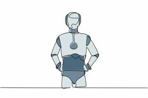 Continuous one line drawing robot standing and holding hand on hip. Confidence cyborg. Humanoid robot cybernetic organism. Future robotic development. Single line design vector graphic illustration