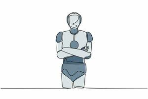 Single one line drawing robot standing with folded arms pose. Future technology development. Artificial intelligence machine learning processes. Continuous line draw design graphic vector illustration