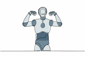 Single continuous line drawing robot standing with gestures two hand fist up. Strong humanoid robot cybernetic organism. Robotic artificial intelligence. One line graphic design vector illustration