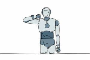 Continuous one line drawing robot standing with thumbs down sign gesture. Dislike, disagree, disappointment, disapprove, no deal. Humanoid robot cybernetic. Single line draw design vector illustration