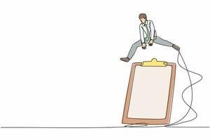 Single one line drawing businessman jumping over big clipboard. Successful completion of business task. Approval checklist application paper sheets document. Continuous line design vector illustration