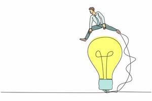 Single one line drawing businessman jumping over big light bulb. Business innovation transformation. Adaptation creativity to move beyond original idea. Continuous line draw design vector illustration