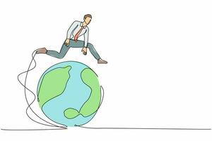 Single continuous line drawing businessman jumping over globe. Globalization and leadership. International partnership, cooperation and teamwork in business. One line draw design vector illustration