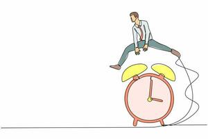 Single continuous line drawing smart and happy businessman jump over time passing alarm clock. Business deadline or working time efficiency concept. One line draw graphic design vector illustration