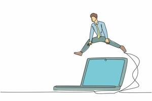 Single continuous line drawing businessman jumping over big laptop computer. Information technology digital at office. System data computing for working efficiency. One line design vector illustration