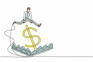 Single one line drawing businessman jumping over money pitfall or mouse trap with big money dollar sign bait. Financial money trap, risk in investment. Continuous line draw design vector illustration