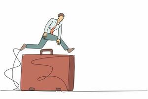 Continuous one line drawing businessman jumping over big briefcase. Success to win in business competition, overcome obstacles to solve problem. Single line draw design vector graphic illustration