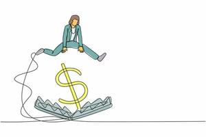 Continuous one line drawing businesswoman jumping over money pitfall with big money dollar symbol. Financial money trap, ponzi scheme or business pitfall. Single line draw design vector illustration