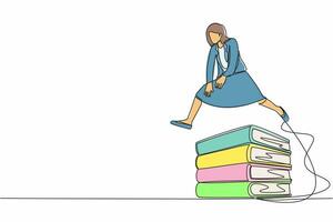 Single continuous line drawing businesswoman jumping over pile of big binders. Stack of paper work document. Management office supply, information classification. One line design vector illustration