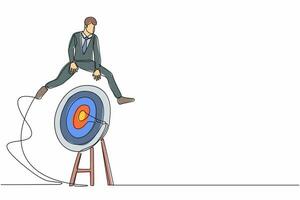 Single continuous line drawing businessman jumping on big archery bull's eye target. Aspiration motivation to achieve business target, advancement in career. One line draw design vector illustration