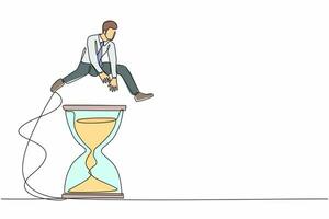 Continuous one line drawing businessman jump over or passing hourglass. Time management meeting in office. Business deadline or working time efficiency. Single line design vector graphic illustration