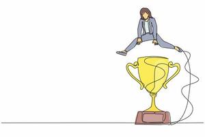 Single one line drawing businesswoman jumping over big trophy. Celebrate work achievement, success or victory. Challenge or succeed in business competition. Continuous line design vector illustration