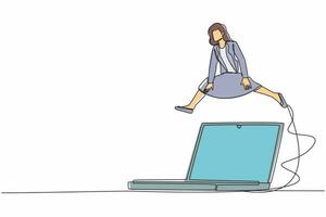 Continuous one line drawing businesswoman jumping over big laptop computer. Office system information technology digital. Data computing for working efficiency. Single line design vector illustration