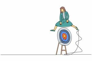 Single continuous line drawing businesswoman jumping on big archery bullseye target. Advancement in career or business growth. Achievement target goals. One line graphic design vector illustration