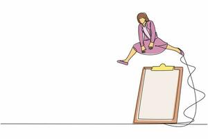 Continuous one line drawing businesswoman jumping over big clipboard. Completion of business survey questionnaire. Checklist application paper sheets document. Single line design vector illustration