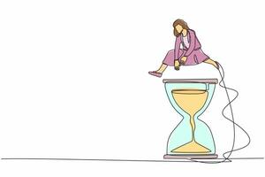 Continuous one line drawing businesswoman jump over or passing hourglass. Business scheduling and time management concept. Deadline or working time efficiency. Single line design vector illustration