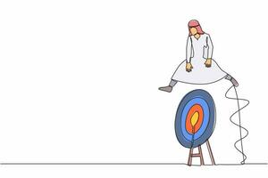 Continuous one line drawing Arab businessman jumping on big archery bullseye target. Accuracy in business target. Motivation working hard. Advancement in career. Single line design vector illustration