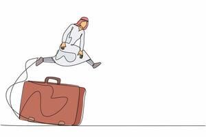 Single one line drawing Arab businessman jumping over big briefcase. Executive manager working accessory. Success business competition. Modern continuous line draw design graphic vector illustration