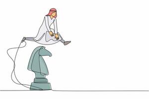 Single continuous line drawing Arab businessman jumping over big chess knight. Strategic intelligence in business movement. Tactic strategy thinking. One line draw graphic design vector illustration