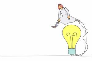 Single continuous line drawing Arab businessman jumping over big light bulb. Initiative of business new idea. Innovation, adaptation and creativity creation. One line draw design vector illustration