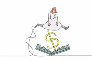 Single continuous line drawing Arab businessman jumping over pitfall with big money dollar sign bait. Financial investment scam. Trap of getting rich for a moment. One line design vector illustration