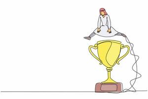 Single continuous line drawing Arab businessman jumping over big trophy. Symbolization of business challenge conquer. Success or victory, winning prize award. One line draw design vector illustration