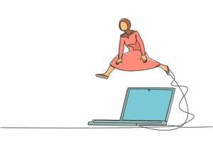 Single one line drawing Arab businesswoman jumping over big laptop computer. Data computing for working efficiency. Office system information. Continuous line draw design graphic vector illustration