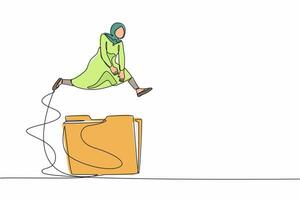 Single continuous line drawing Arab businesswoman jumping over big folder icon. Document, file folders. Storage indexing of information. Data archive. One line draw graphic design vector illustration