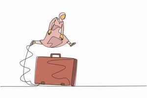 Single continuous line drawing Arabian businesswoman jumping over big briefcase. Manager diplomat conclude contracts and store financial information. One line draw graphic design vector illustration