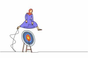 una sola línea dibujando a una mujer de negocios árabe saltando sobre un gran objetivo de tiro con arco. objetivos de logro. avance en la carrera o el crecimiento empresarial. ilustración de vector de diseño de dibujo de línea continua