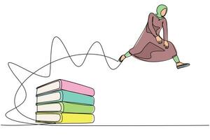 Single one line drawing Arab businesswoman jumping over pile of big binder. Stack of paper work document. Management office supply, information. Continuous line draw design graphic vector illustration