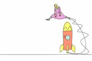 Single one line drawing Arab businesswoman jumping over big rocket. Successful startup launch preparation. Space rocket ready to fly. Business project. Continuous line draw design vector illustration