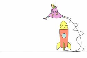 Single one line drawing Arab businesswoman jumping over big rocket. Successful startup launch preparation. Space rocket ready to fly. Business project. Continuous line draw design vector illustration