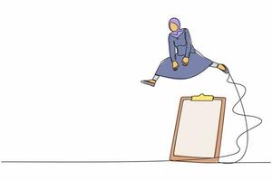 Single continuous line drawing Arab businesswoman jumping over big clipboard. Completion of business survey questionnaire. Checklist application paper. One line draw graphic design vector illustration