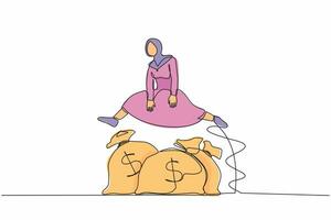 dibujo continuo de una línea mujer de negocios árabe salta sobre la bolsa de dinero. préstamo comercial o financiación de capital, ayuda monetaria en crisis. estímulo para la puesta en marcha de la empresa. ilustración de vector de diseño de dibujo de una sola línea