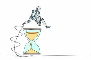 Single continuous line drawing robot jumping over hourglass. Business scheduling and time management concept. Modern robotic artificial intelligence. One line draw graphic design vector illustration