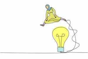 Single continuous line drawing Arabian businesswoman jumping over big light bulb. Innovation transformation technology. Improvisation business idea. One line draw graphic design vector illustration