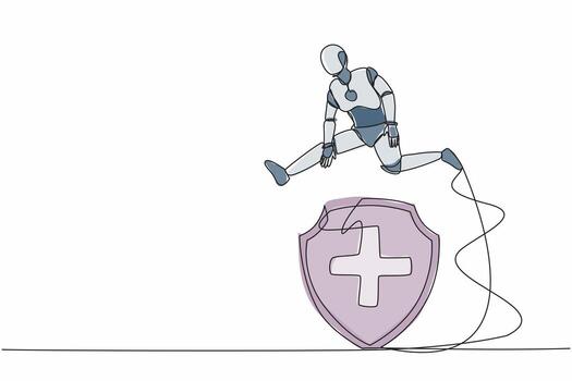 un solo robot de dibujo de una línea salta sobre un gran escudo. protección, seguro, del peligro comercial. desarrollo tecnológico futuro. inteligencia artificial. ilustración de vector de diseño de dibujo de línea continua