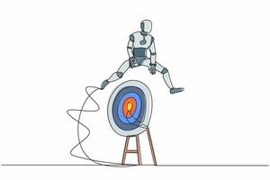 Single one line drawing robot jumping on big archery bullseye target. Achievement target goals. Future technology development. Artificial intelligence. Continuous line draw design vector illustration