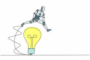 Single continuous line drawing robot jumping over big light bulb. Innovation transformation technology. Robotic artificial intelligence. Technology industry. One line draw design vector illustration