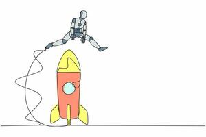 Single continuous line drawing robot jumping over big rocket. Successful startup launch preparation. Modern robotic artificial intelligence. Dynamic one line draw graphic design vector illustration