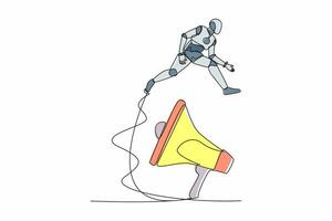 Single continuous line drawing robot jumping over big megaphone. Loudspeaker technology. Announcement, advertising. Modern robotic artificial intelligence. One line graphic design vector illustration