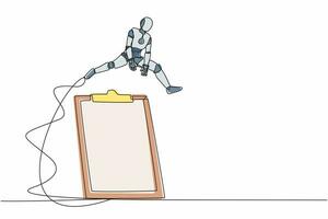 Single one line drawing robot jumping over big clipboard. Checklist survey application paper sheets document. Future technology development. Modern continuous line design graphic vector illustration