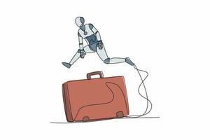 Continuous one line drawing robot jump over big briefcase. Professional suitcase diplomat, store financial information. Humanoid robot cybernetic organism. Single line draw design vector illustration